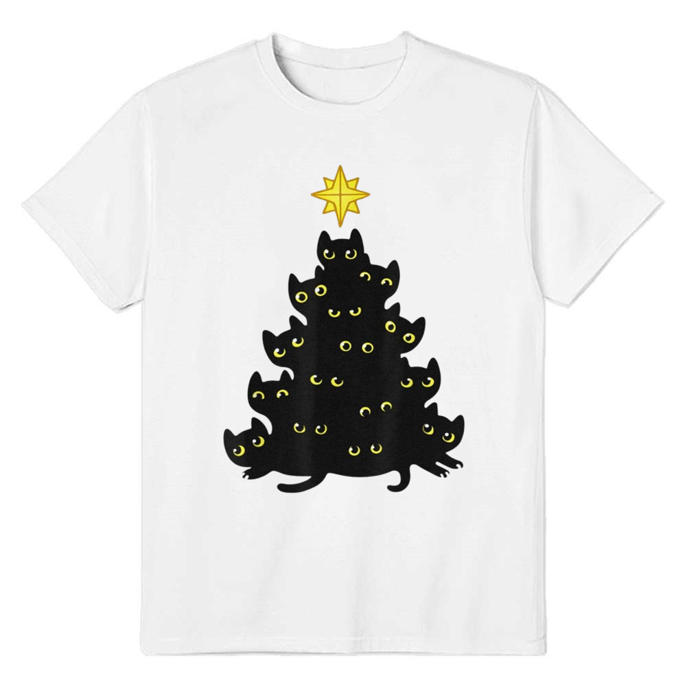 Adult Unisex Enjoy Cool Funny Christmas Black Cats Decoration Tree Pet Lover White T-shirt