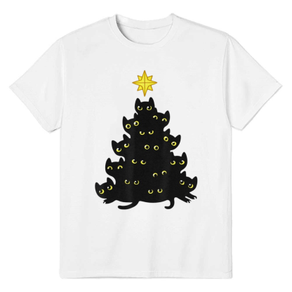Adult Unisex Enjoy Cool Funny Christmas Black Cats Decoration Tree Pet Lover White T-shirt
