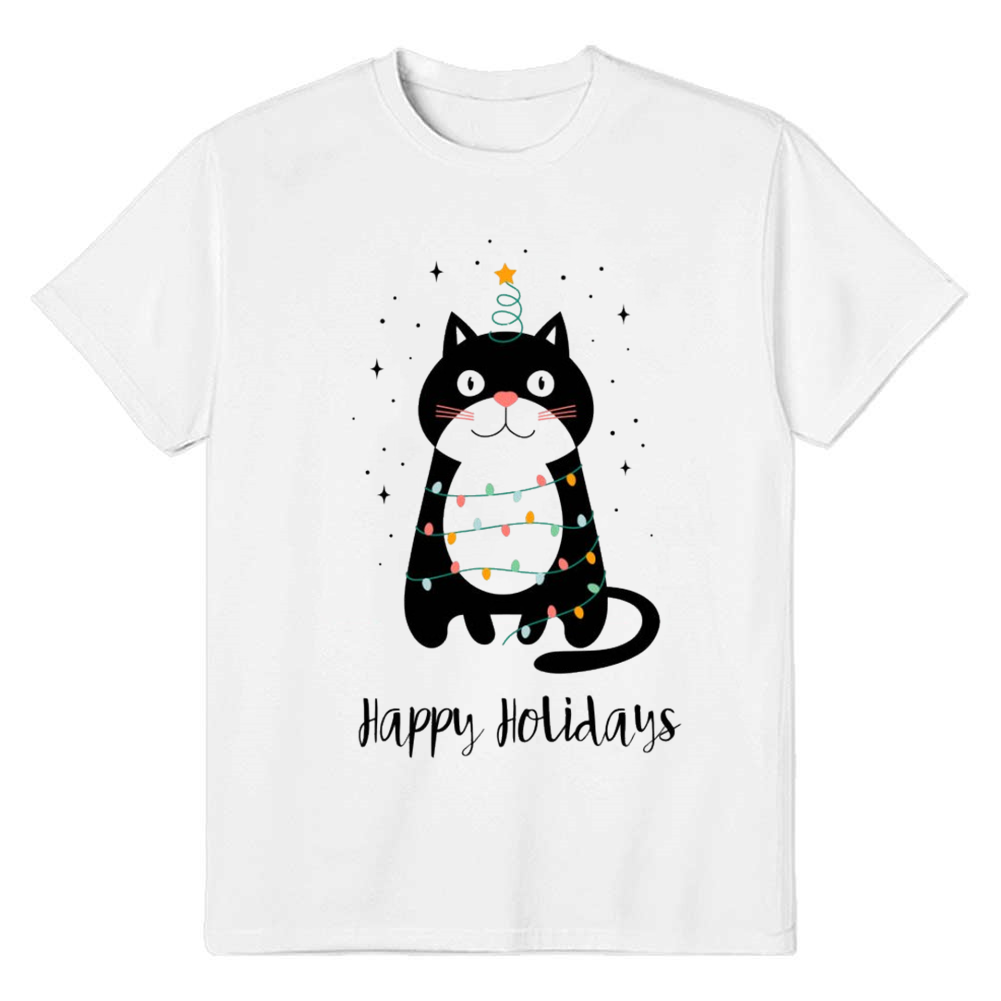 Adult Unisex Cute Black Cat Christmas Happy Holidays White Pet Lover T-shirt