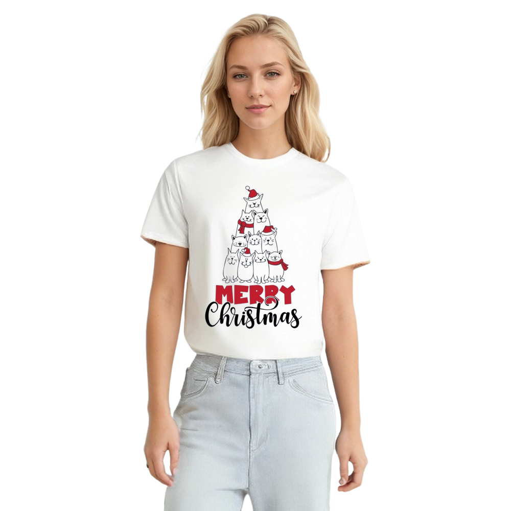 Adult Unisex Cat Christmas Tree Cat Lover Xmas White Festival T-shirt