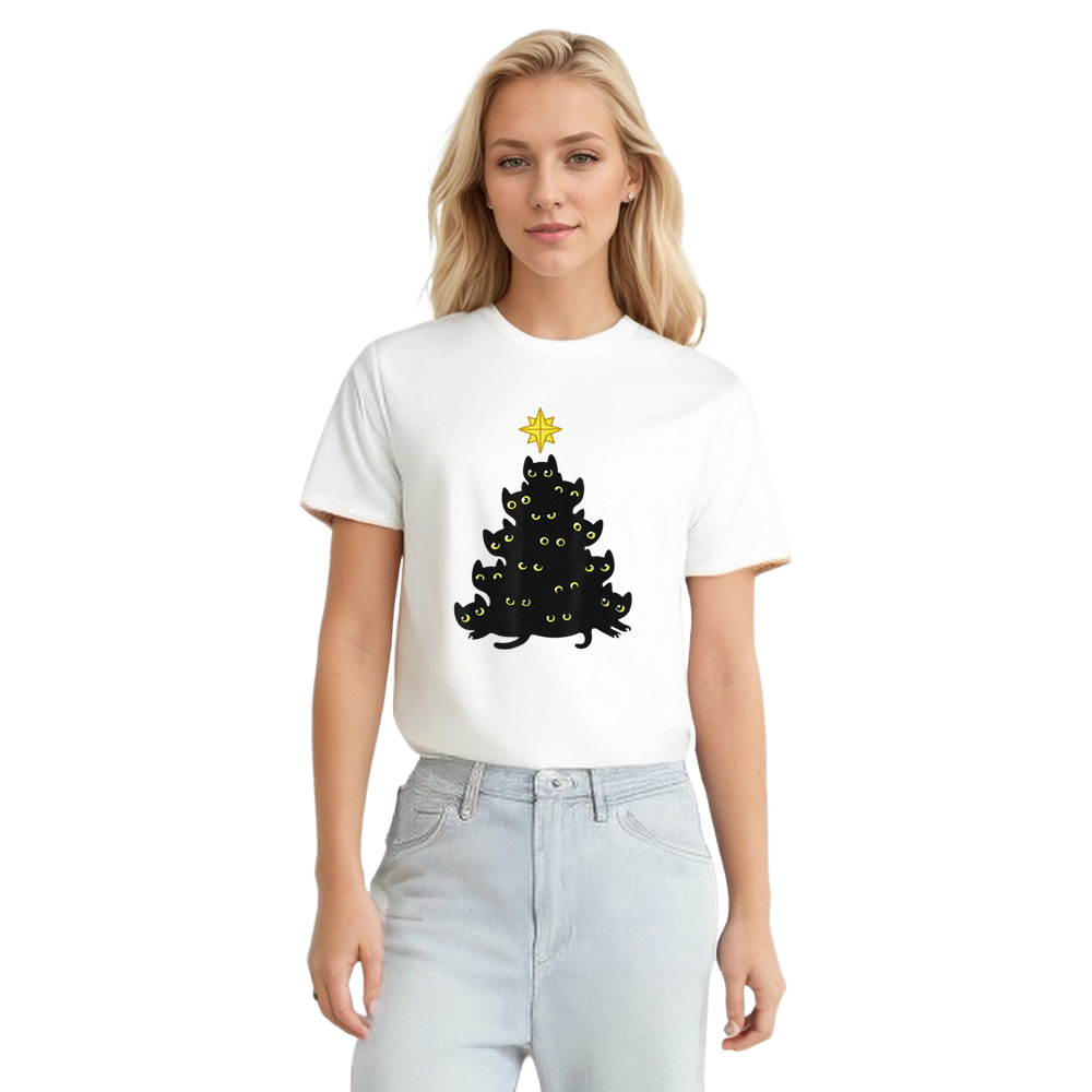Adult Unisex Enjoy Cool Funny Christmas Black Cats Decoration Tree Pet Lover White T-shirt