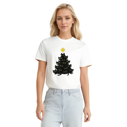 Adult Unisex Enjoy Cool Funny Christmas Black Cats Decoration Tree Pet Lover White T-shirt
