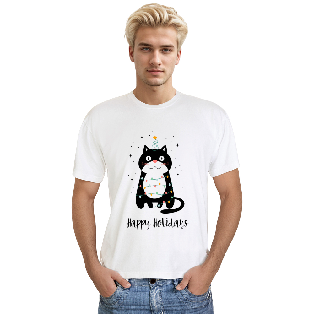 Adult Unisex Cute Black Cat Christmas Happy Holidays White Pet Lover T-shirt