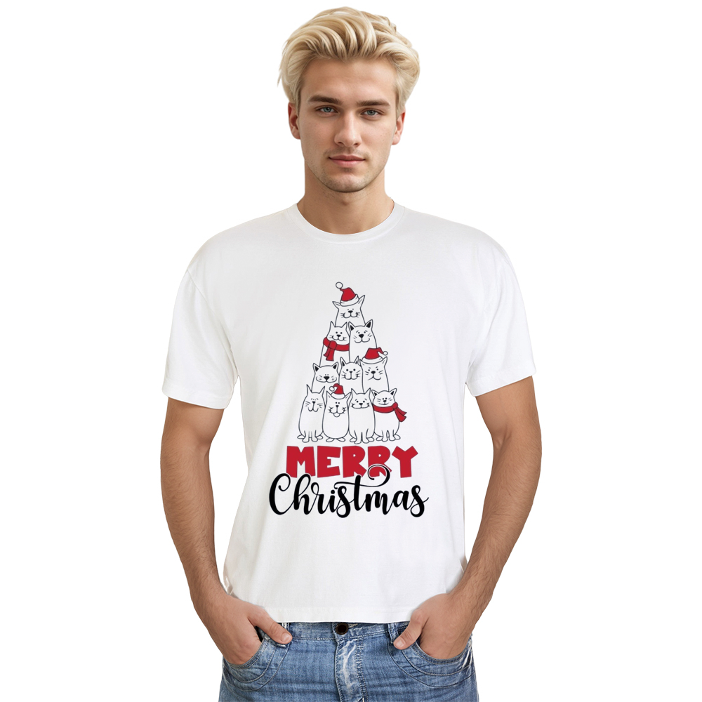 Adult Unisex Cat Christmas Tree Cat Lover Xmas White Festival T-shirt