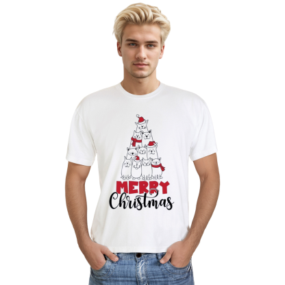 Adult Unisex Cat Christmas Tree Cat Lover Xmas White Festival T-shirt