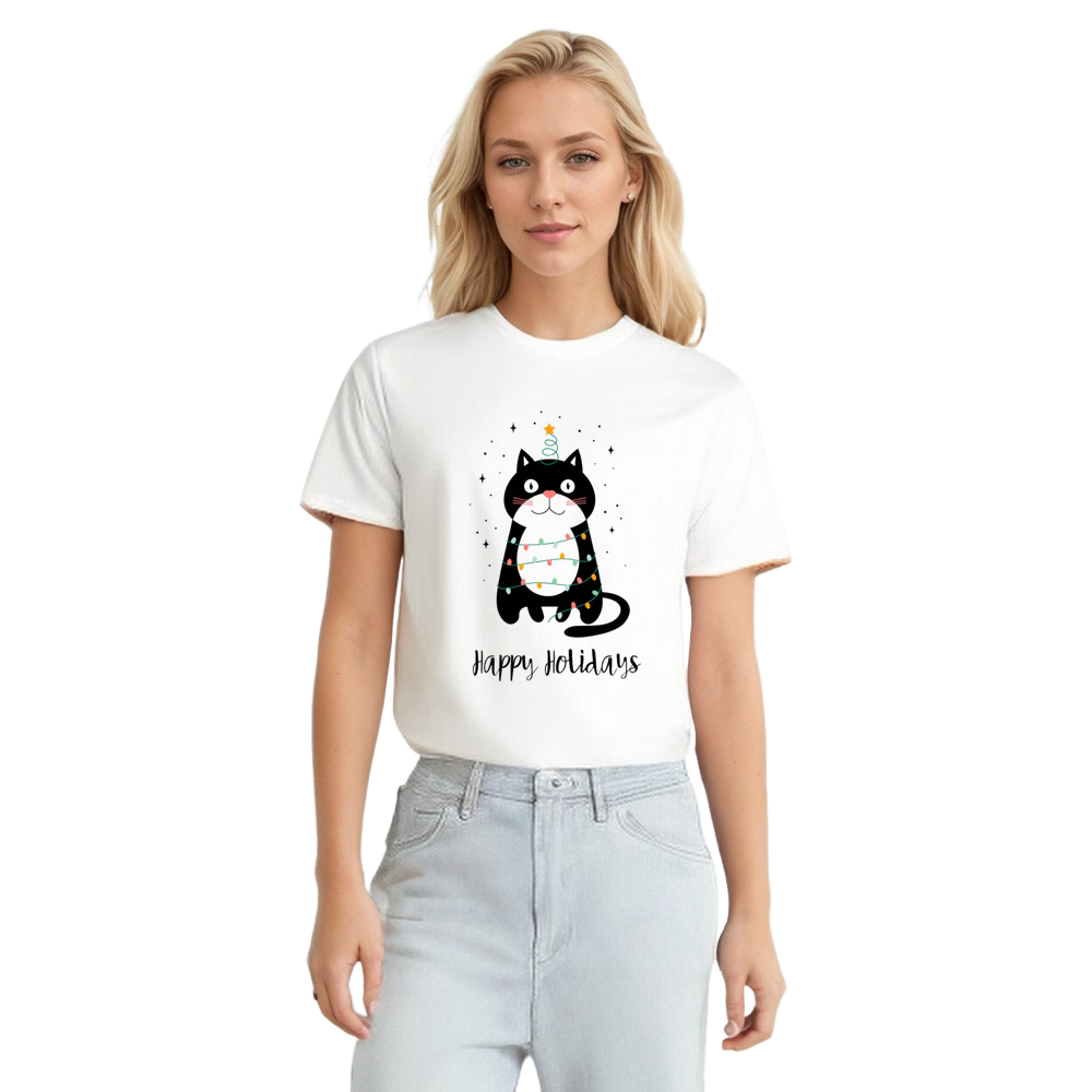 Adult Unisex Cute Black Cat Christmas Happy Holidays White Pet Lover T-shirt