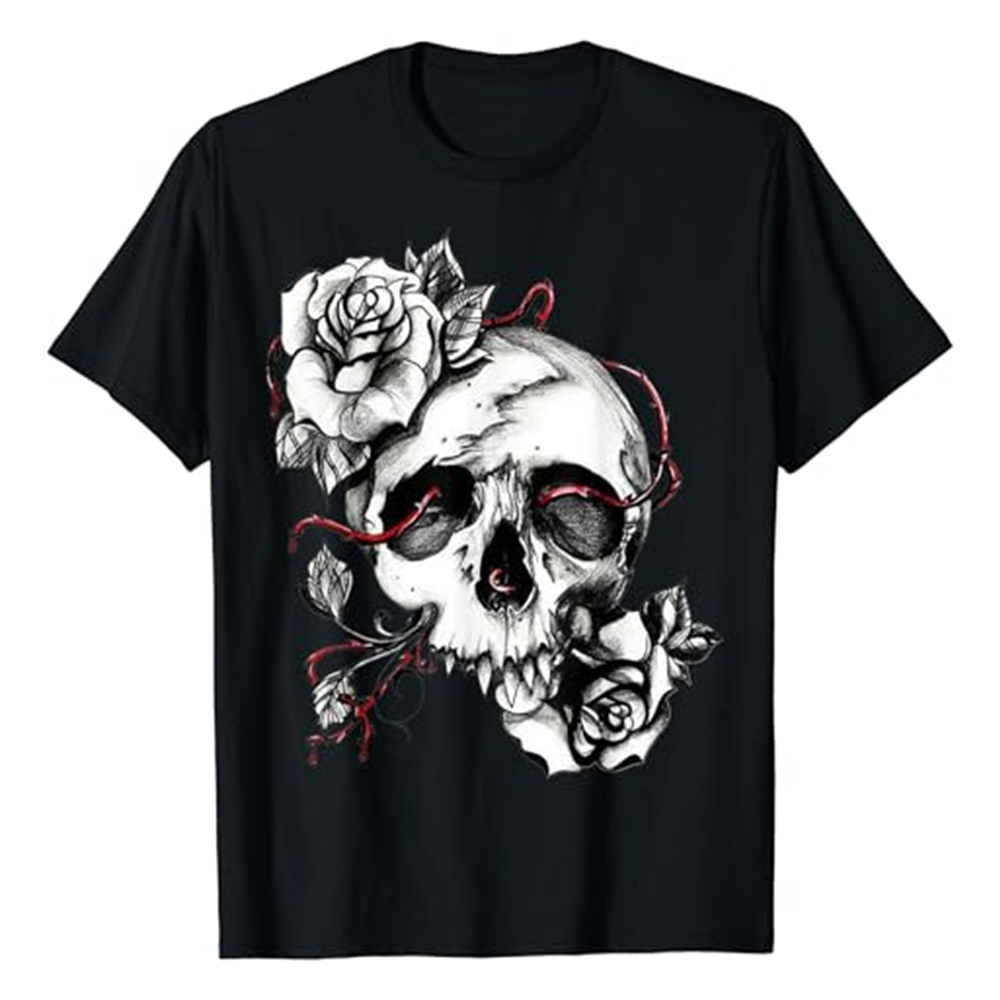 Adult Unisex Skull And Roses Horror Skull Halloween Black T-shirt Costume