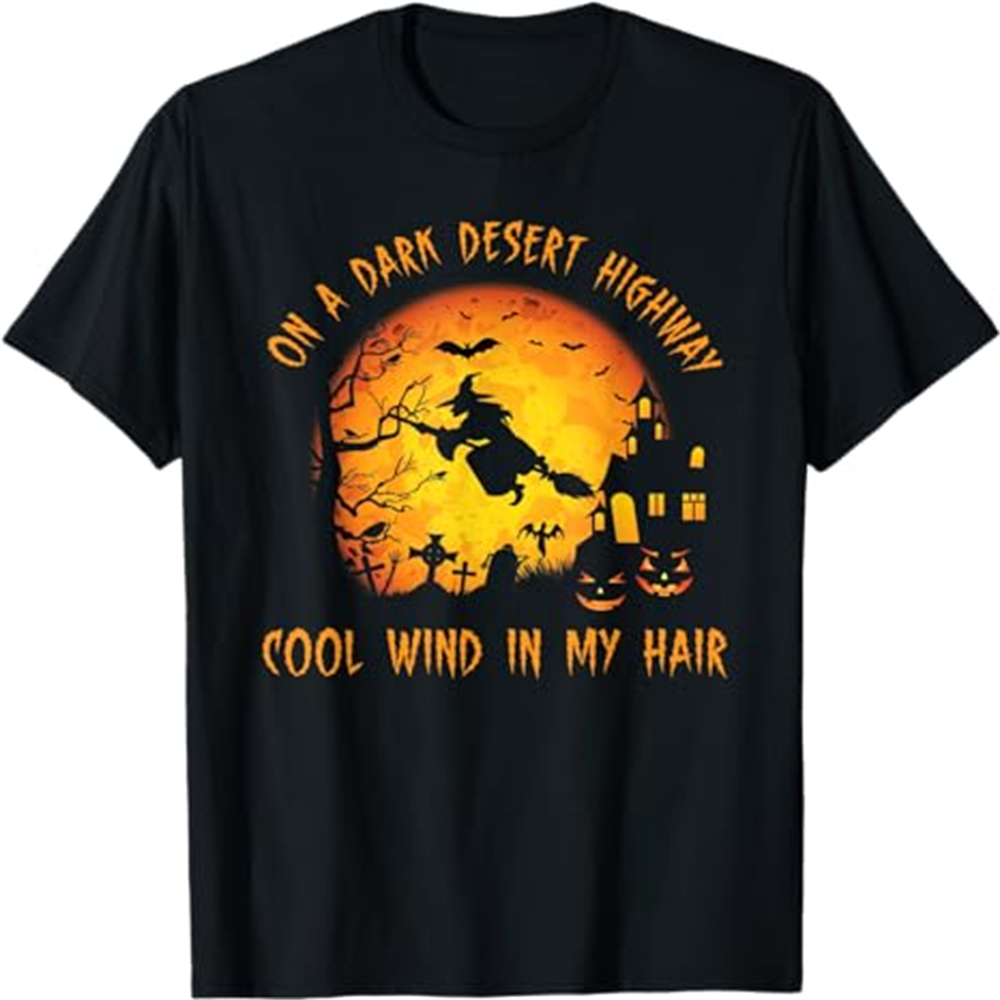 Adult Woman Cool Wind In My Hair Witch Halloween Black T-shirt Costume