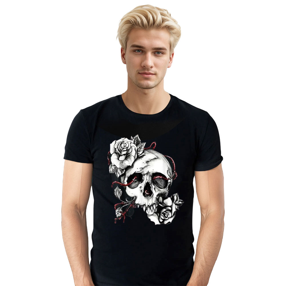 Adult Unisex Skull And Roses Horror Skull Halloween Black T-shirt Costume