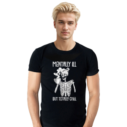 Adult Unisex Mentally Ill But Totally Chill Halloween Skeleton Black T-shirt Costume