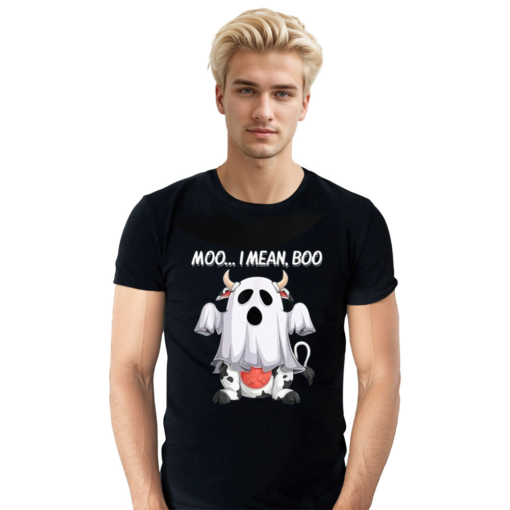 Adult Unisex Moo I Mean Boo Ghost Halloween Black T-shirt Costume