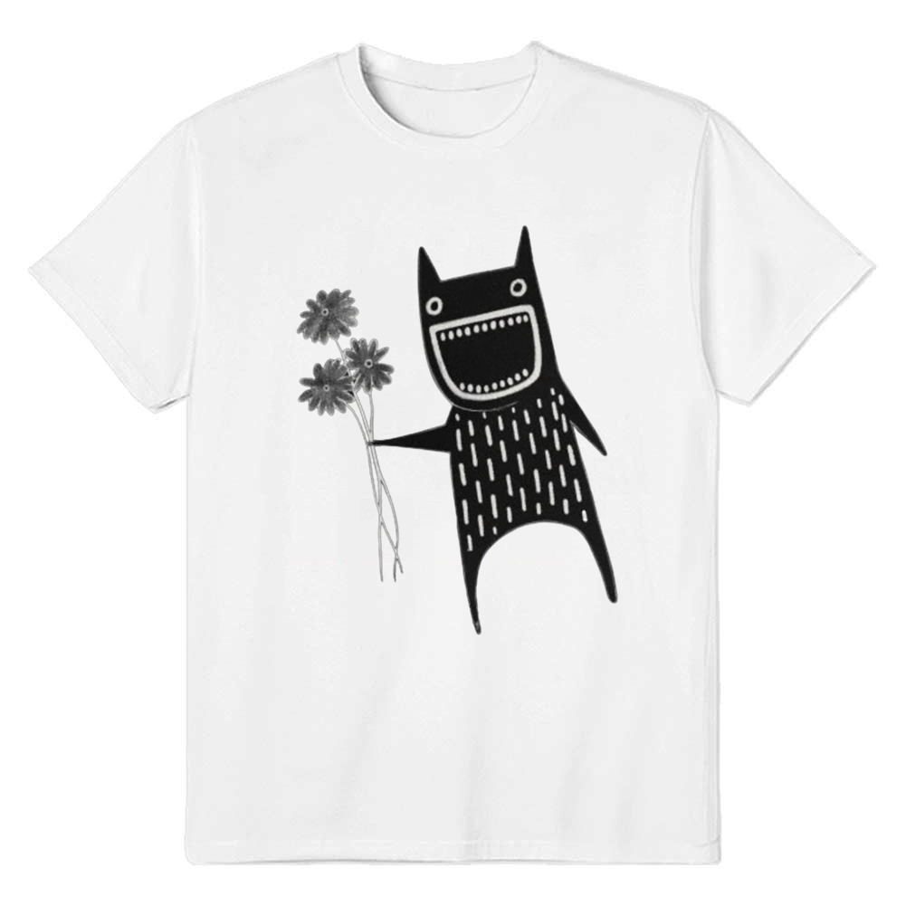 Adult Unisex Funny Cat Flower Monster Folk Art White Pet Lover T-shirt
