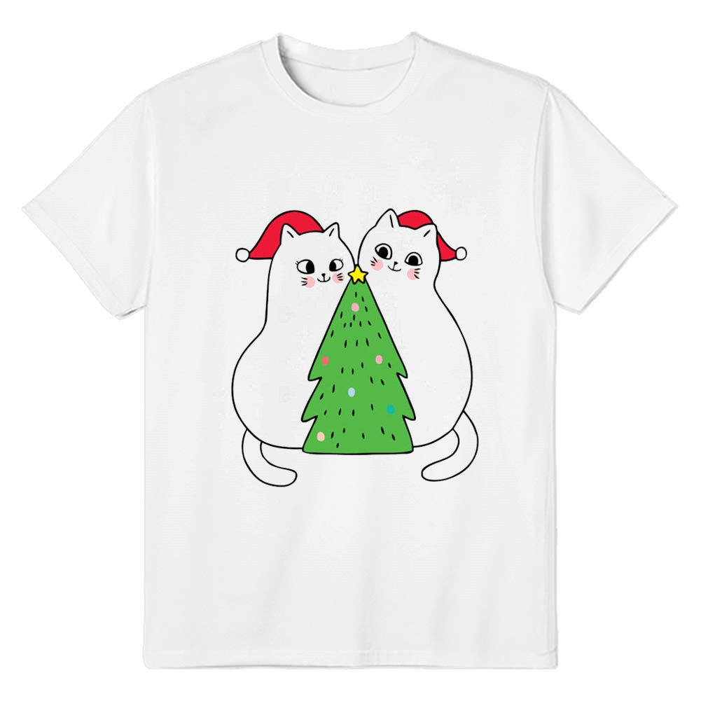 Adult Unisex Cat White Pet Christmas Tree Lover T-shirt