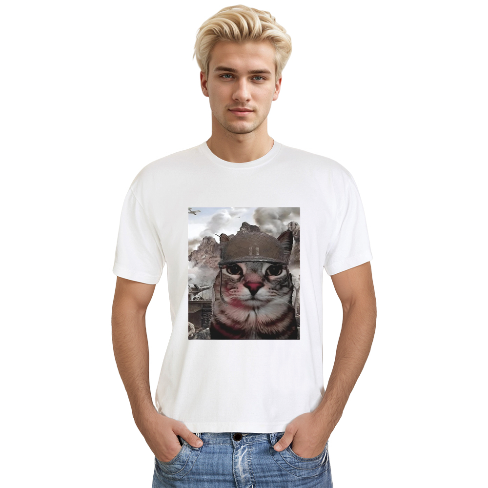 Adult Unisex Thousand Yard Stare Cat Internet Meme Tee White T-shirt Costume