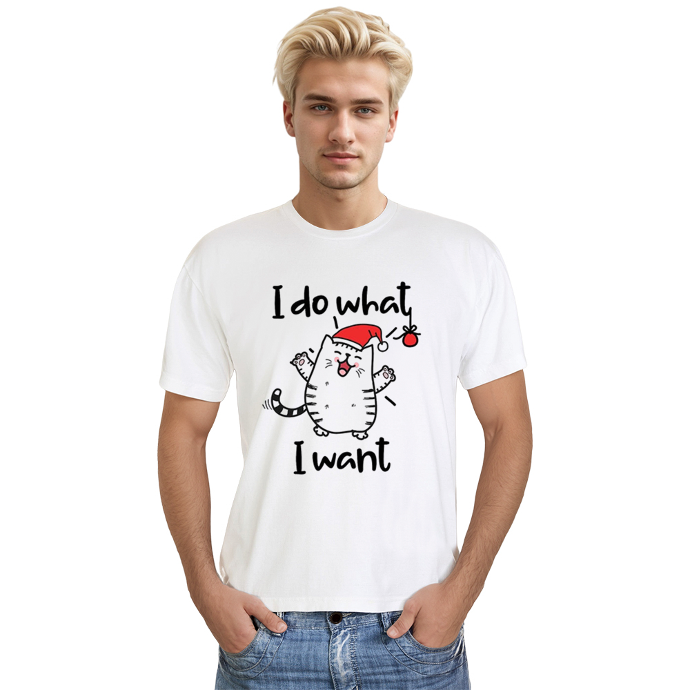 Adult Unisex I Do What I Want Christmas Hat Cat Xmas White Festival T-shirt