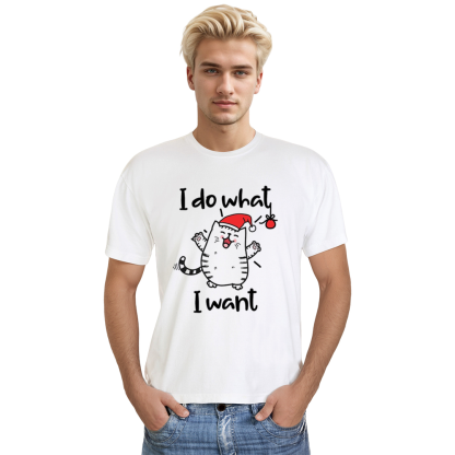 Adult Unisex I Do What I Want Christmas Hat Cat Xmas White Festival T-shirt