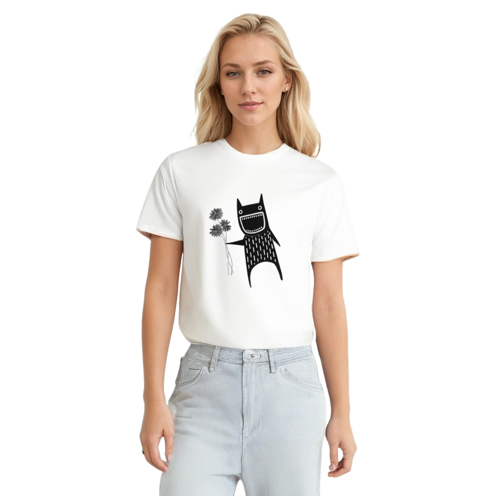 Adult Unisex Funny Cat Flower Monster Folk Art White Pet Lover T-shirt