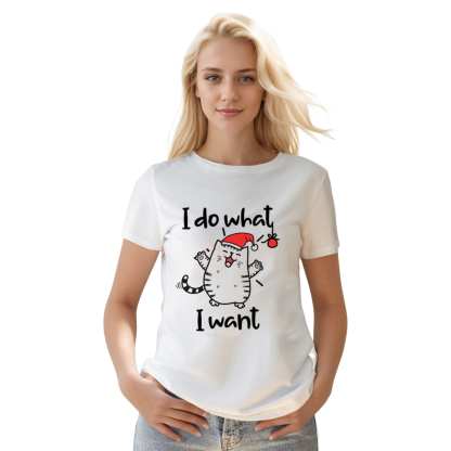Adult Unisex I Do What I Want Christmas Hat Cat Xmas White Festival T-shirt