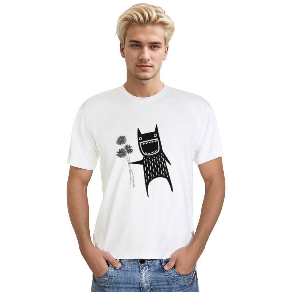 Adult Unisex Funny Cat Flower Monster Folk Art White Pet Lover T-shirt