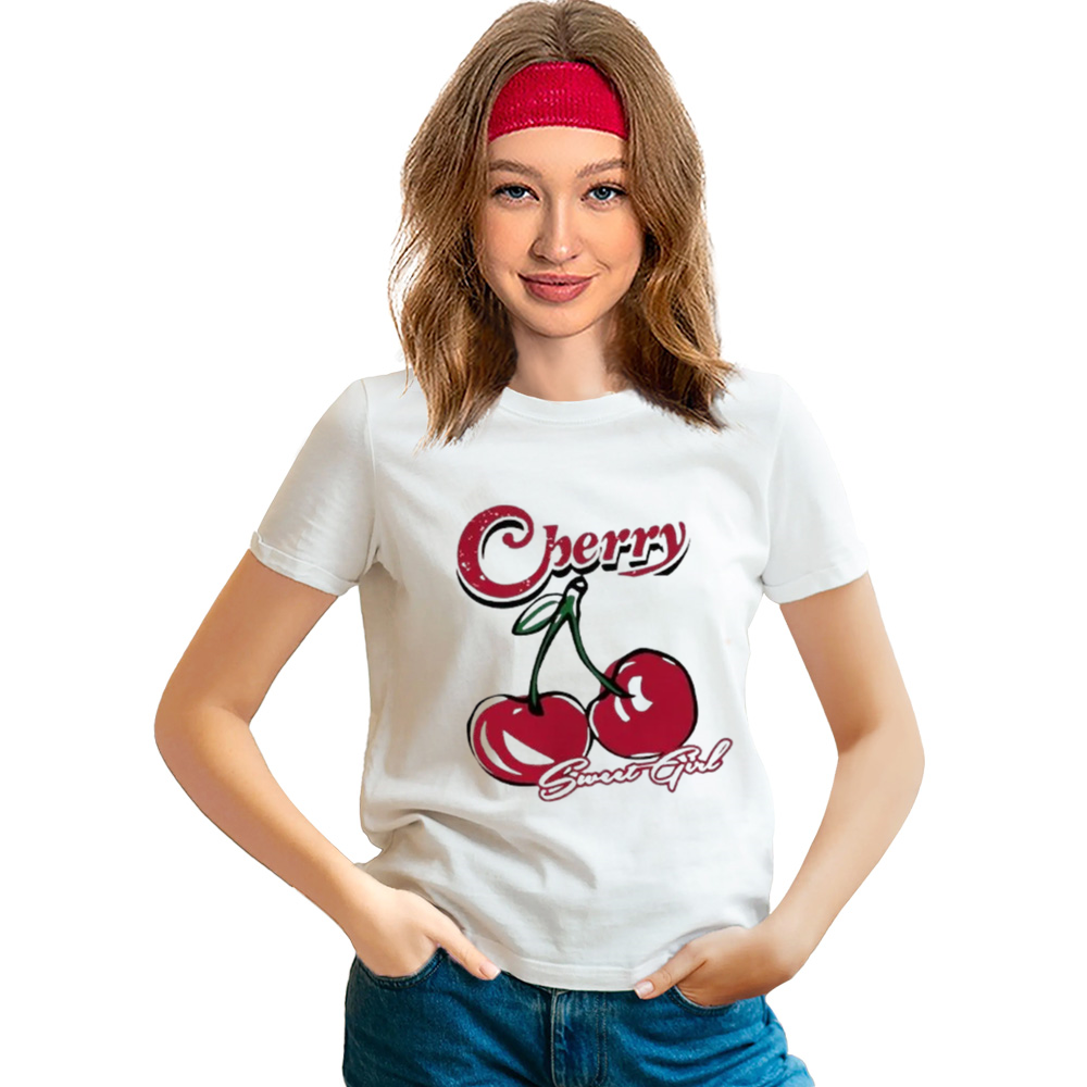 Adult Women Cherry And Letter Print Short Sleeve White T-shirt