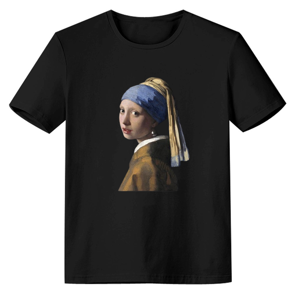 Adult Unisex Pearl Girl Oil Painting Funny Black White Short Sleeve T-shirt Outfits Top Costume
