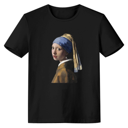 Adult Unisex Pearl Girl Oil Painting Funny Black White Short Sleeve T-shirt Outfits Top Costume