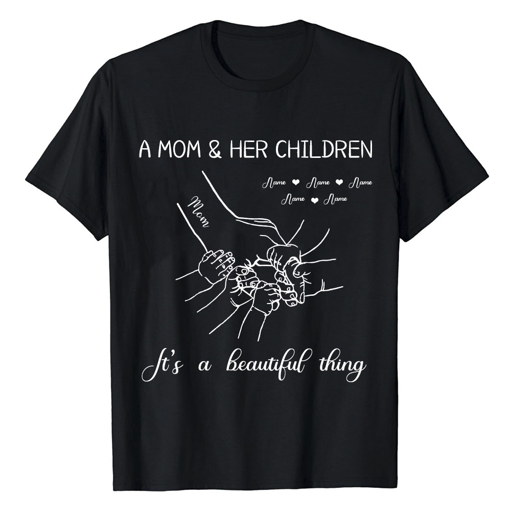 Mother And Her Children Hand In Hand Mother's Day Custom Name T-Shirt
