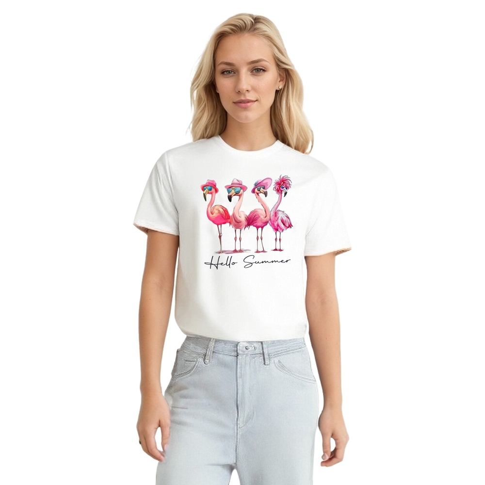 Hello Summer Flamingo Summer Vacation Printed T-shirt 