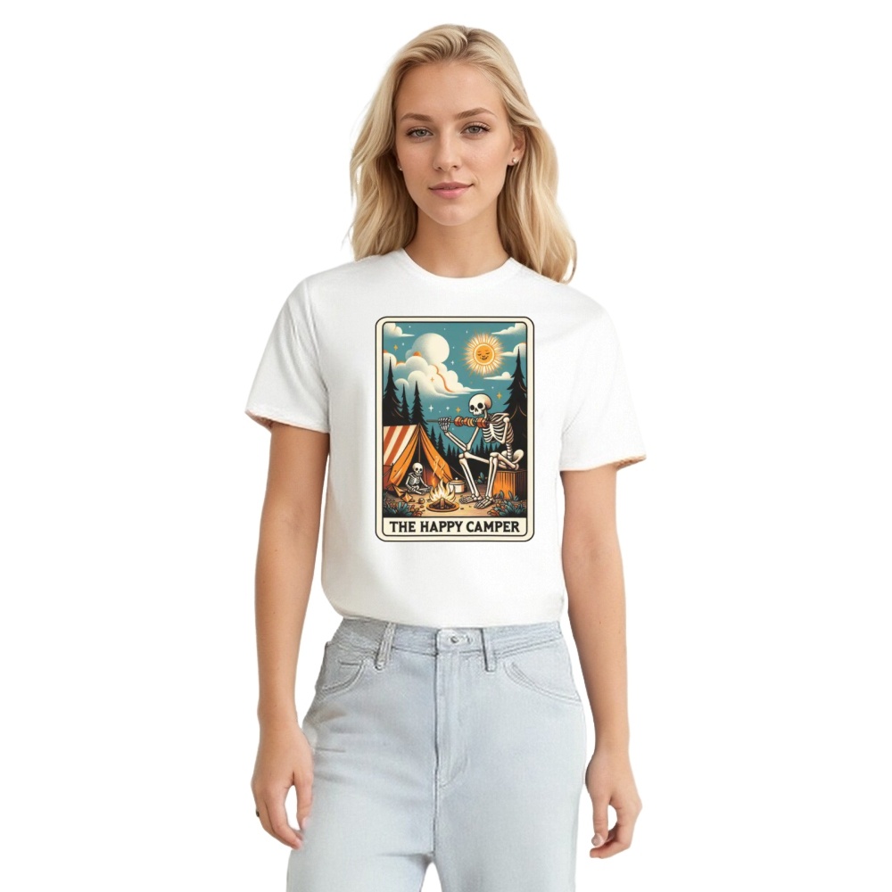 Camping Outdoor Camper Skeleton Card The Happy Camper Printed T-shirt 