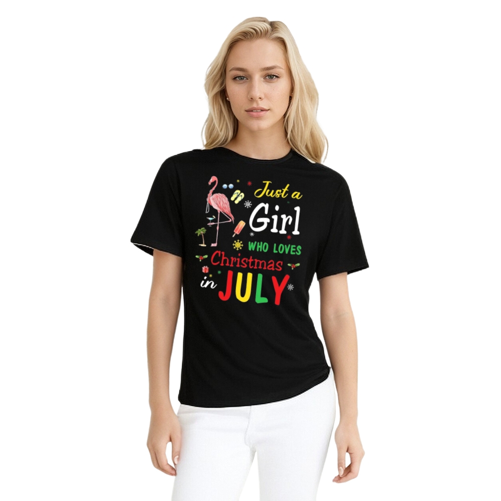Just A Girl Who Loves Christmas in July Flamingo Xmas T-shirt