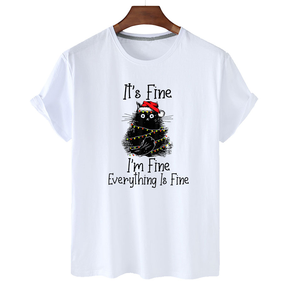 Colorful Christmas Light Black Cat Printed T-shirt