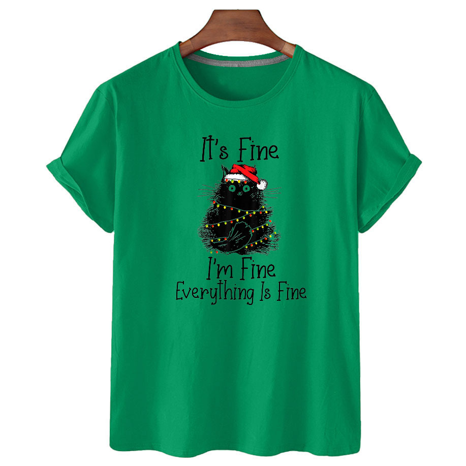 Colorful Christmas Light Black Cat Printed T-shirt