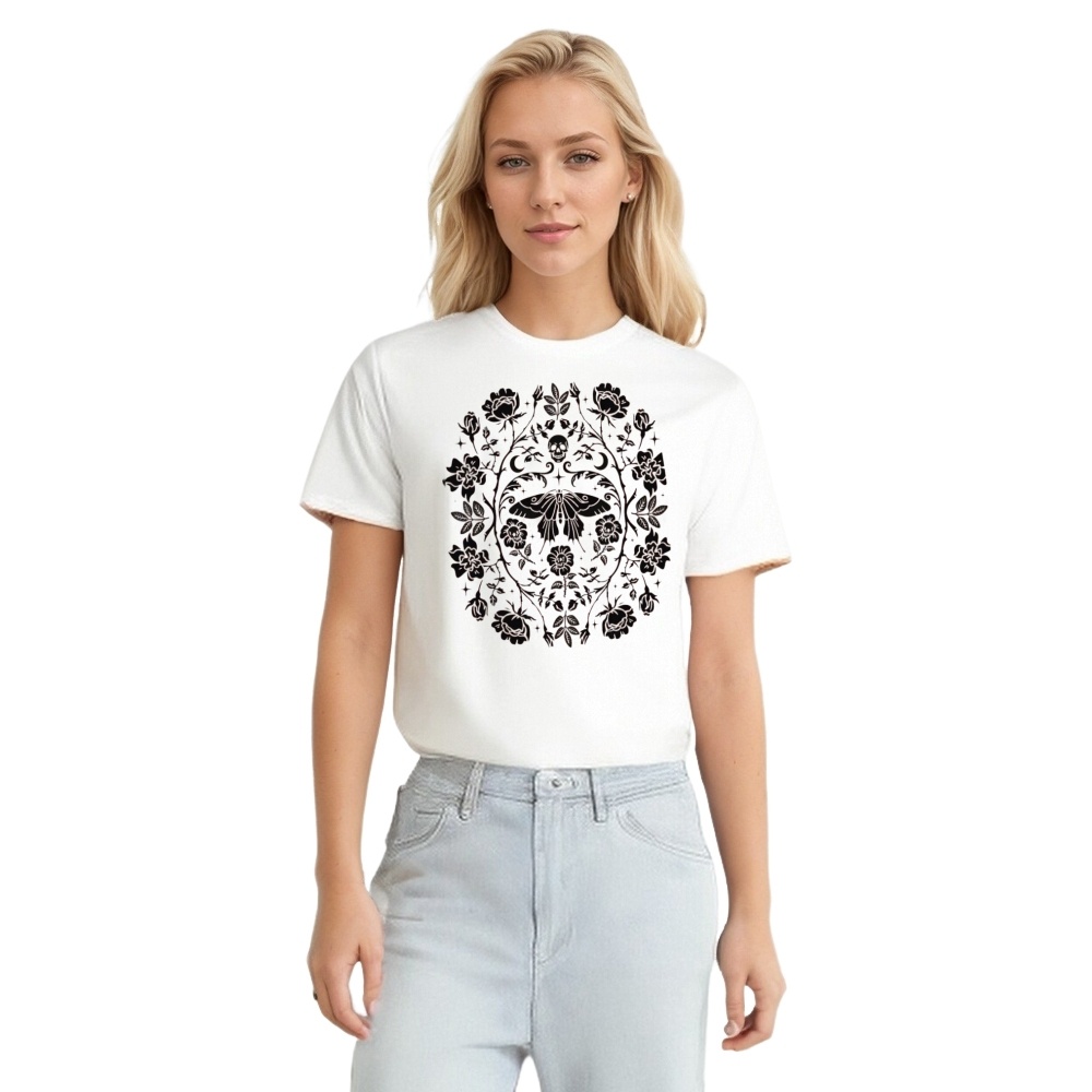 Garden Skull Butterfly Dark Style Printed T-shirt 