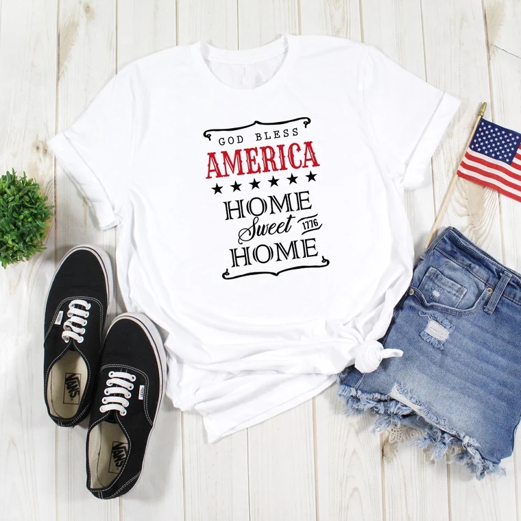 Independence Day God Bless America Home Sweet Home Printed T-Shirt