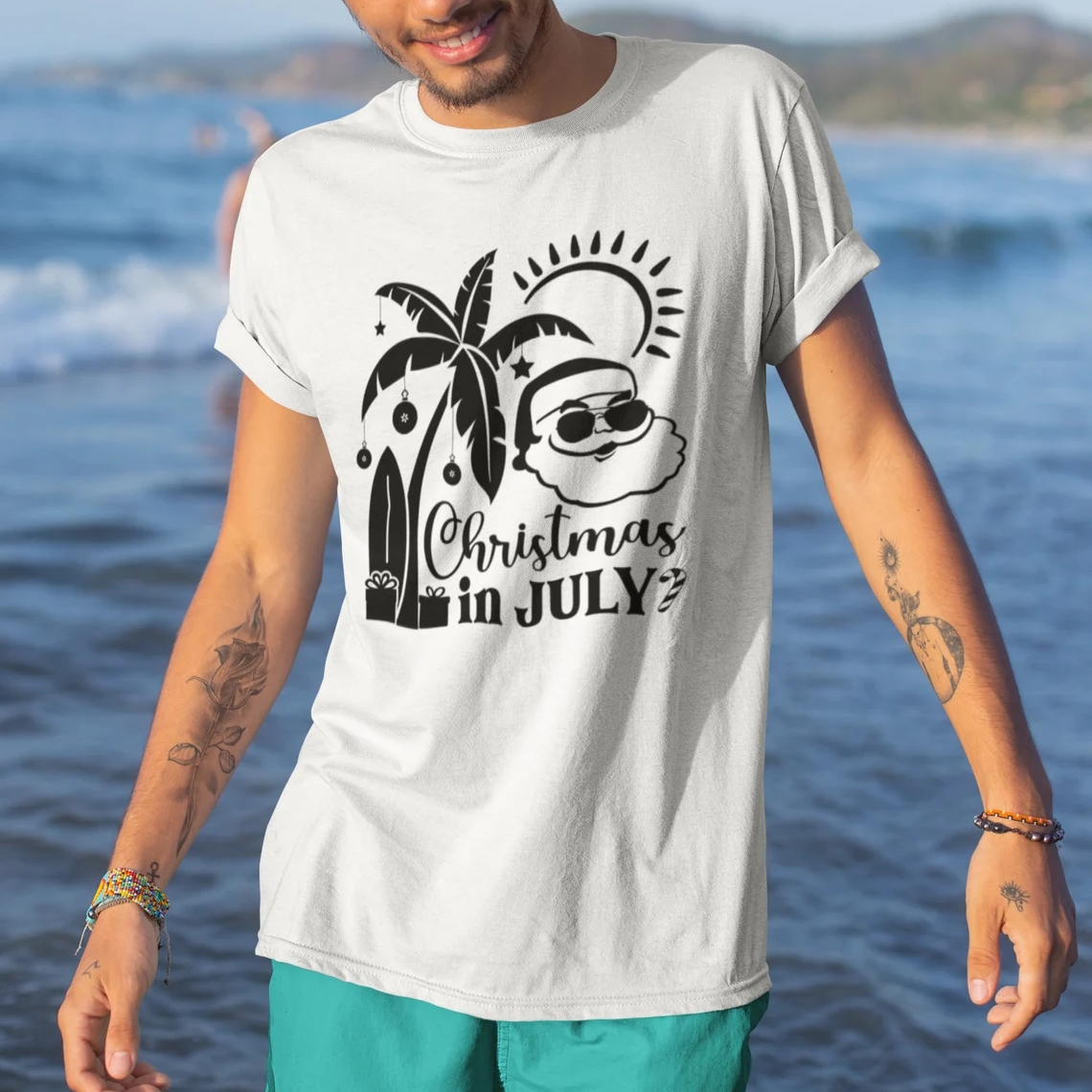 Summer Beach Xmas Christmas in July Santa Printed T-shirt