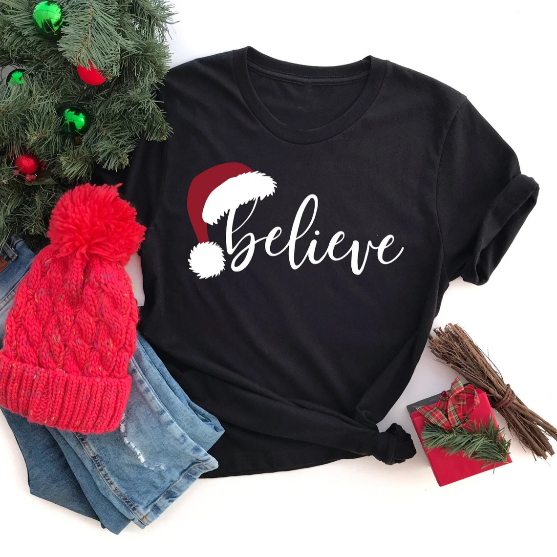 Christmas Believe Christmas Hat Printed T-Shirt