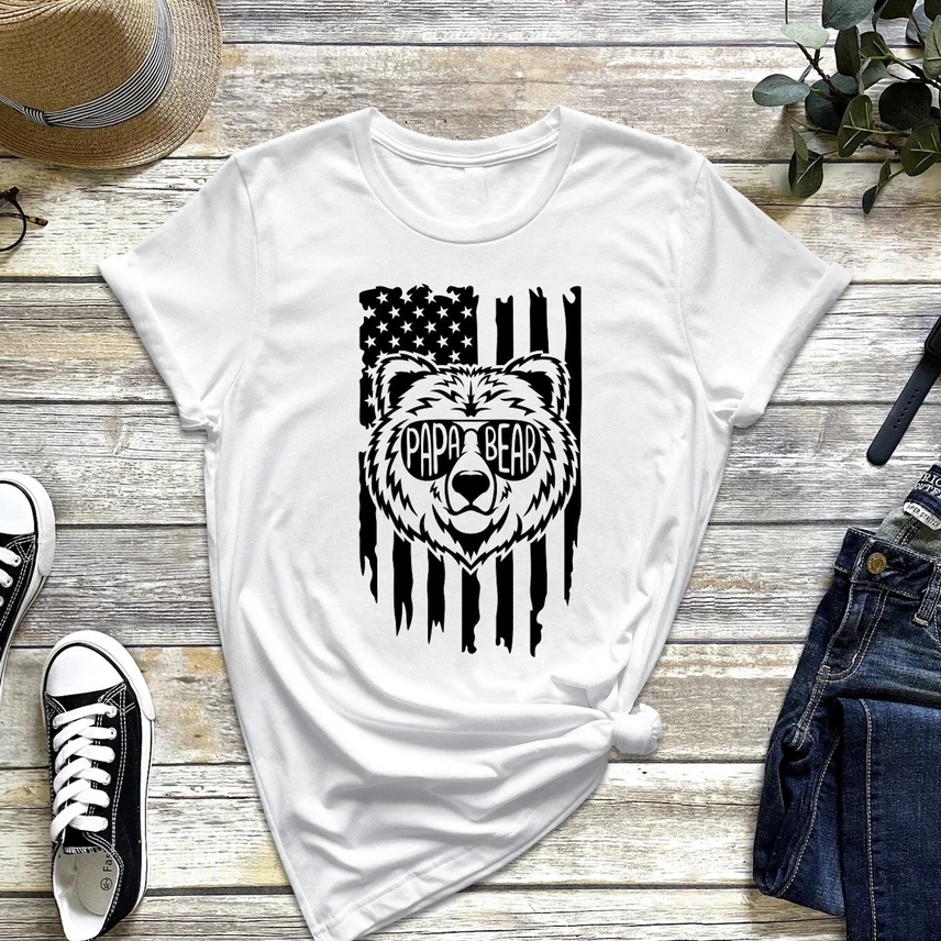 USA American Father's Day Papa Bear Printed T-Shirt