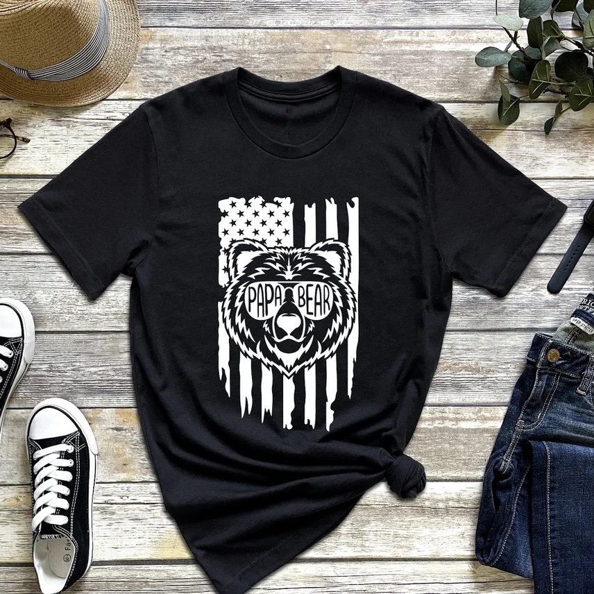 USA American Father's Day Papa Bear Printed T-Shirt