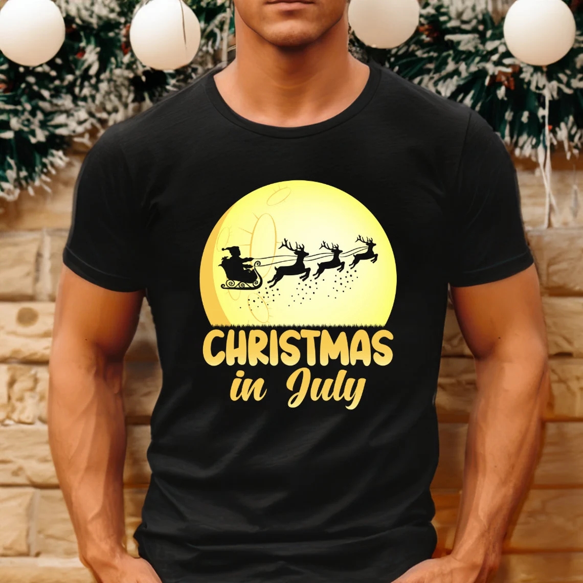 Santa And Reindeer Christmas In July Xmas Printed T-Shirt