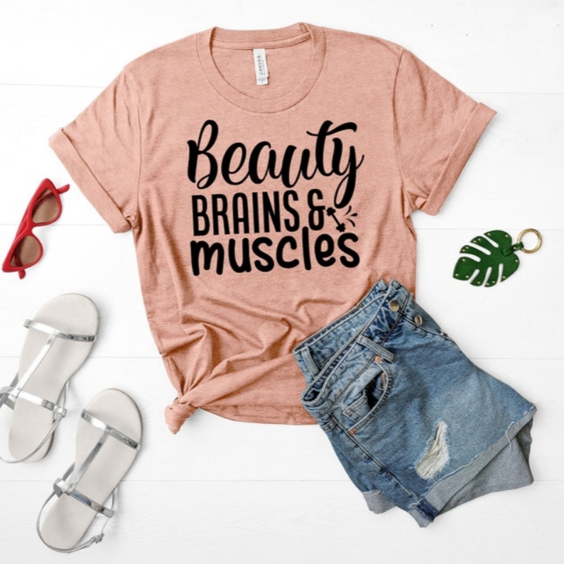 Beauty Brains and Muscles Funny Gym Training Printed T-shirt