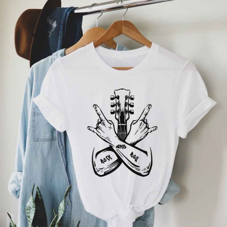 Rock Gesture Rock And Roll Guitar Music Lover Printed T-shirt 