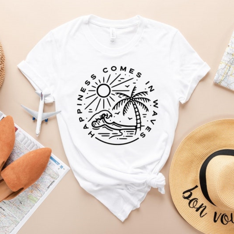 Happiness Comes in Waves Summer Vacation Travel Lover Printed T-shirt