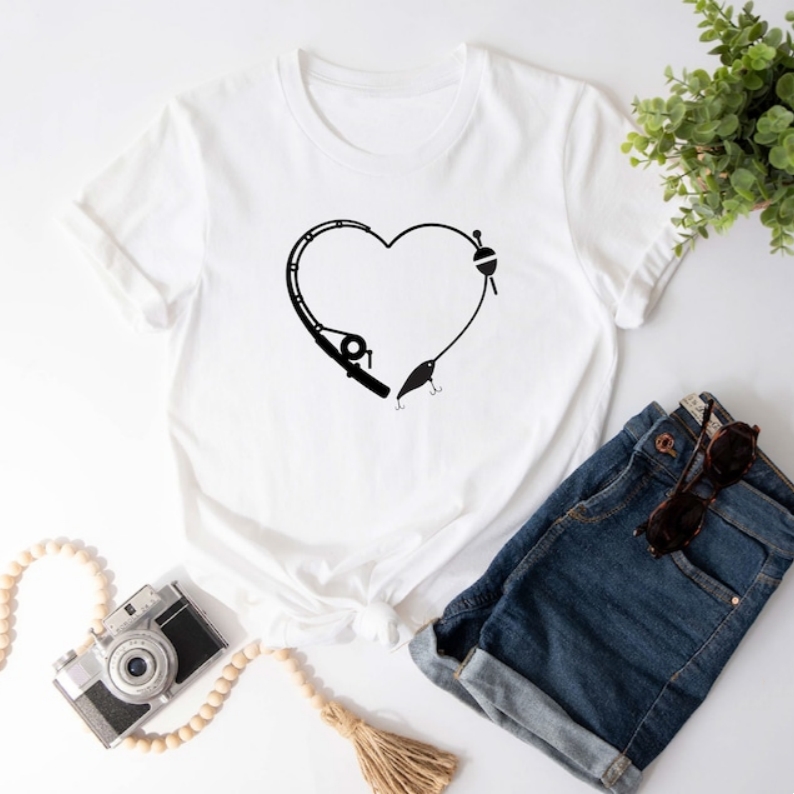 Funny Fish Lover Heart Fishing Printed T-shirt 