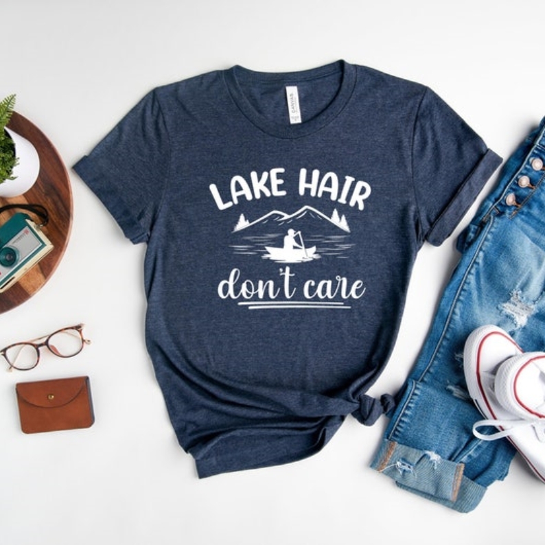 Lake Hair Don't Care Vacation Travel Lover Printed T-shirt