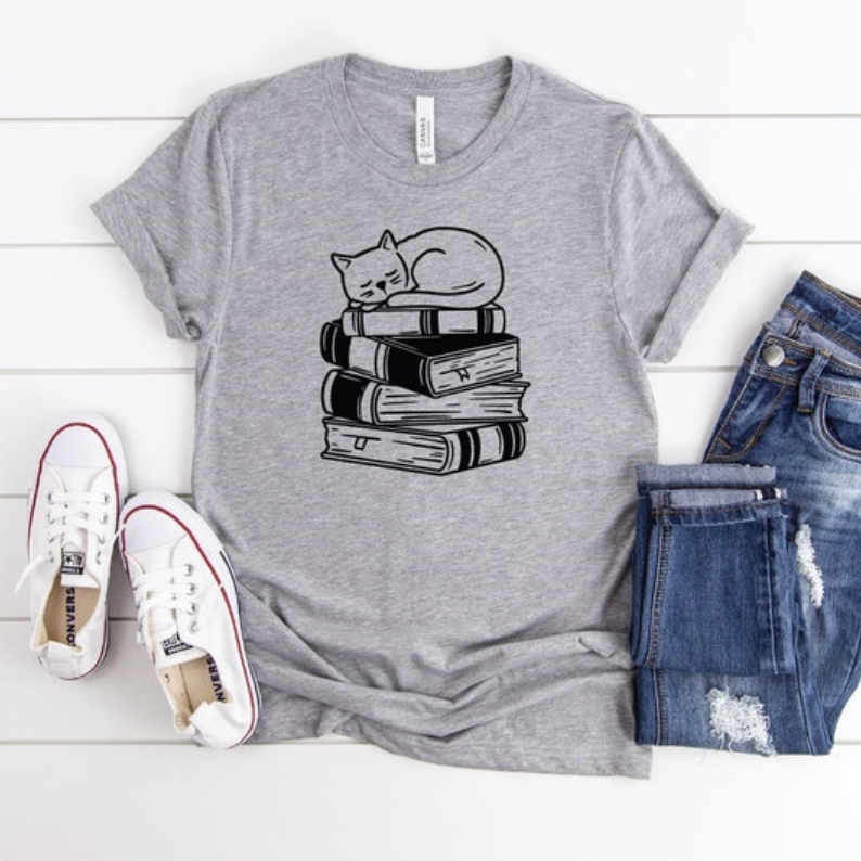 Pet Cat Lover Books And Cat Printed T-shirt