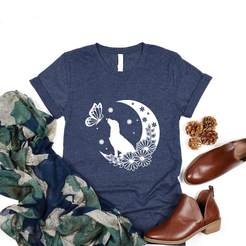 Dog And Butterfly Under Crescent Moon Pet Dog Lover Printed T-shirt