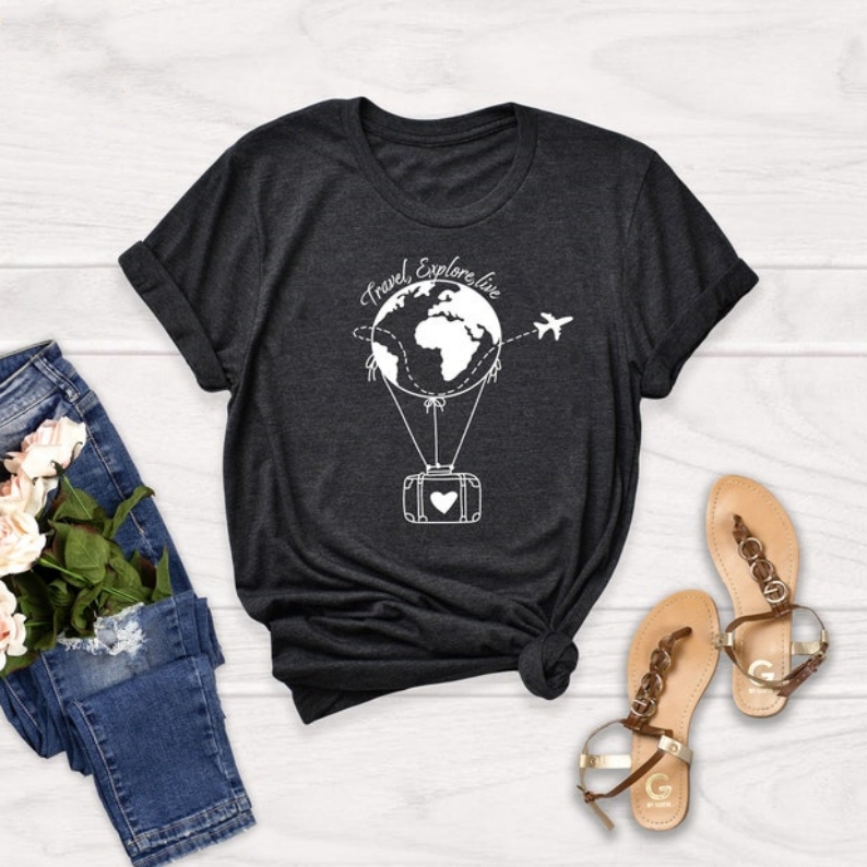 Travel Explore Live Travel Lover World Map On Balloon Printed T-shirt