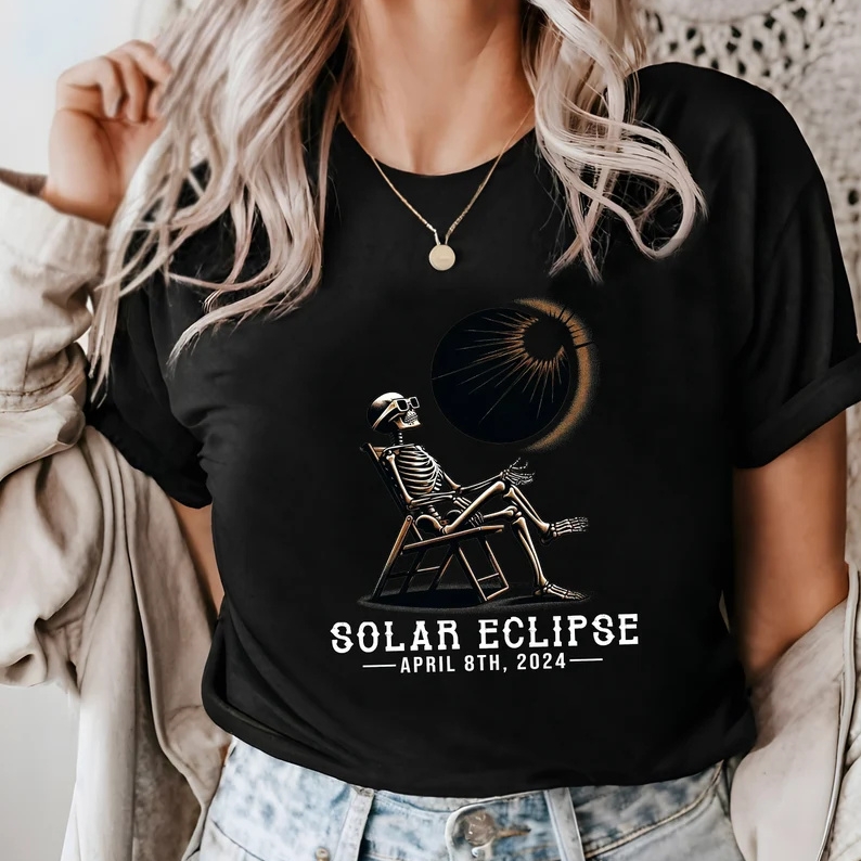 2024 Solar Eclipse Astronomy Lover Skeleton Printed T-shirt