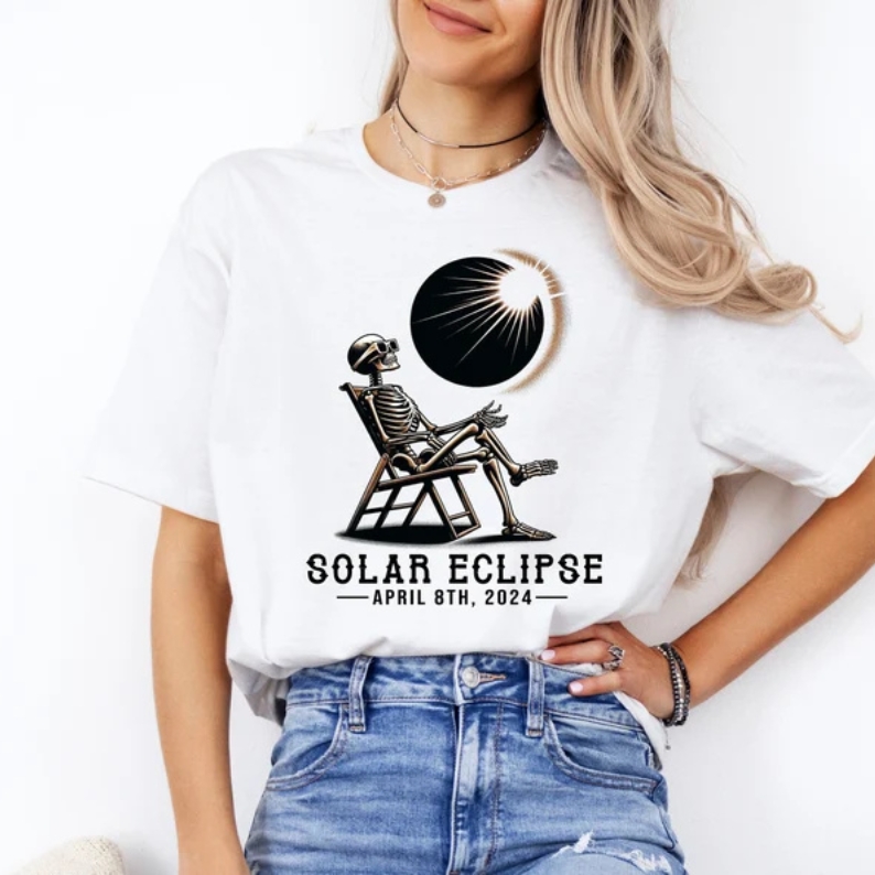 2024 Solar Eclipse Astronomy Lover Skeleton Printed T-shirt
