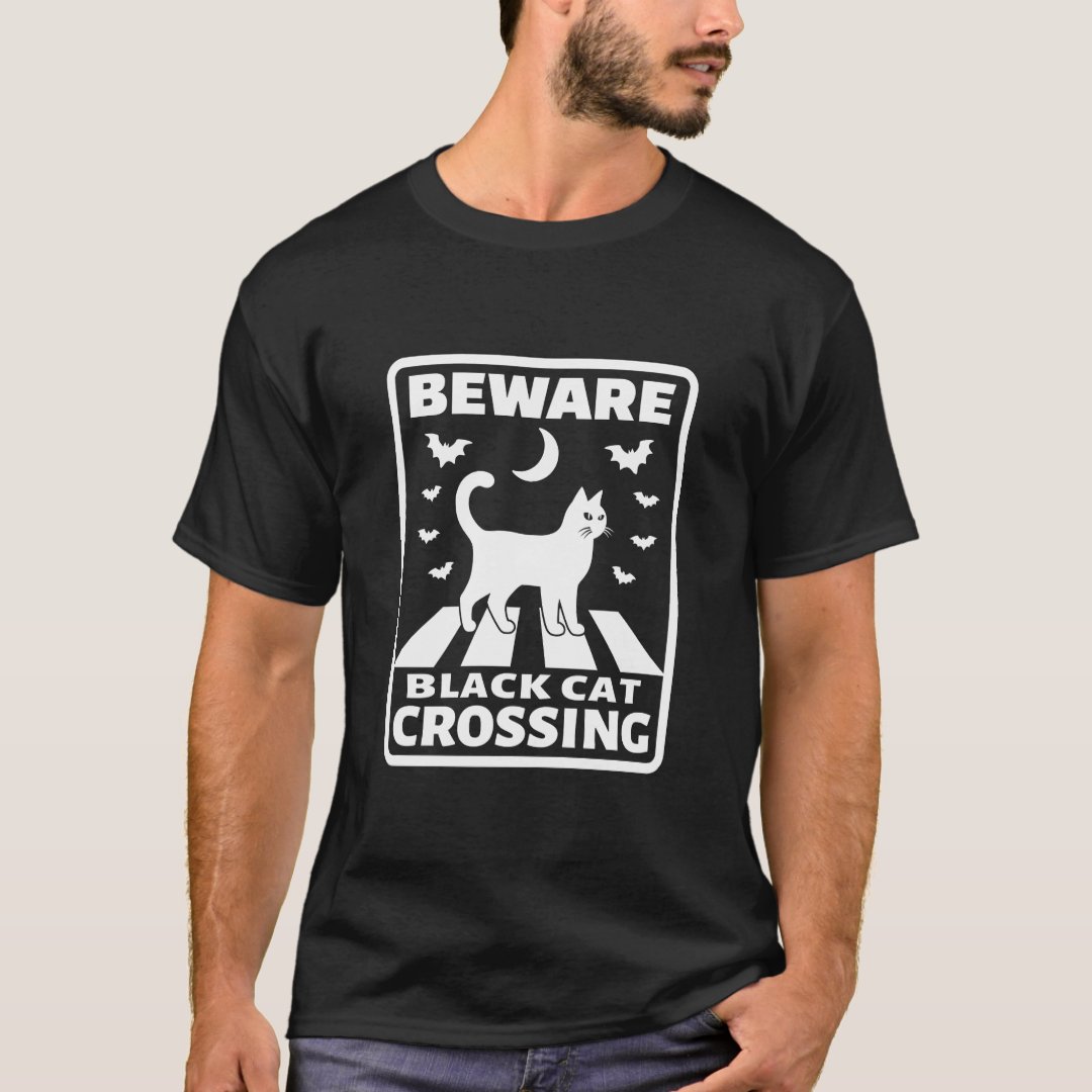 Halloween Beware Black Cat Crossing Printed T-Shirt
